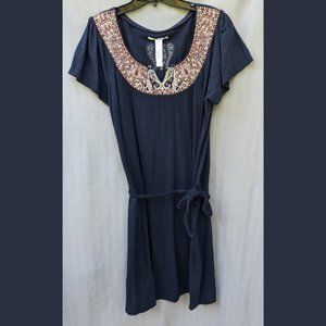 Lucky Brand Navy Embordered Dress with braided belt size XL